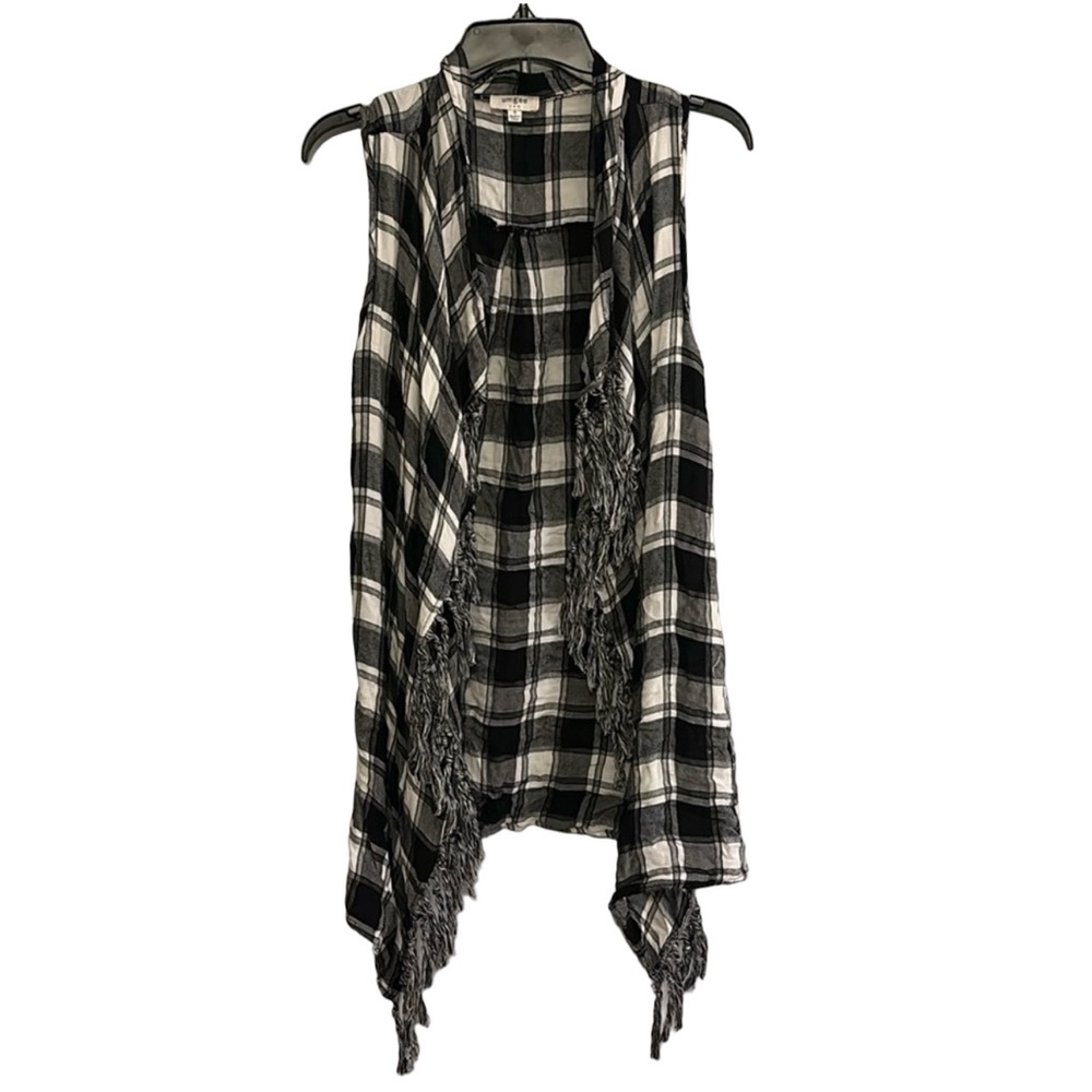 Umgee Black & White Plaid Fringe Open Front Vest